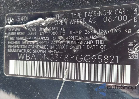 2000 BMW 540 I from USA, damaged, VIN WBADN5348YGC95821